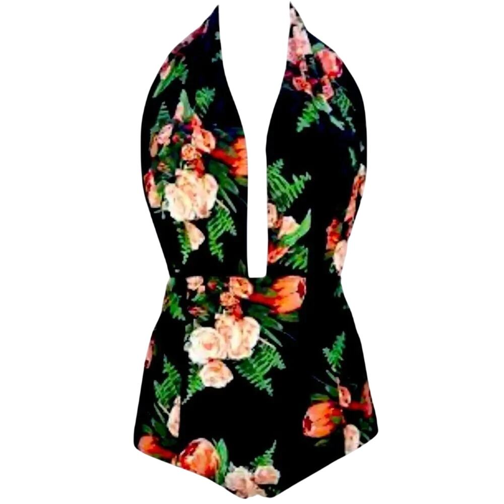 Plunging Neckline Floral One-Piece Swimsuit by Cocoship, Size 14, New with Tag